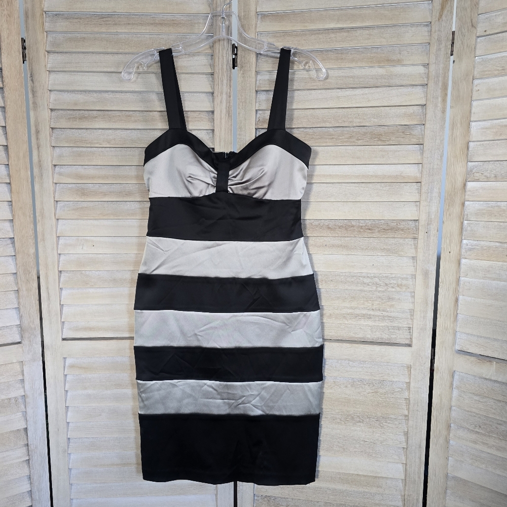 CACHE Black and Champagne Tan Striped Satin Bustier Dress Size 6 NWT